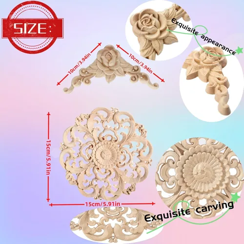 Miniatura 2 de 5 piezas de apliques de madera tallada en madera Onlays Onlays DIY tallados muebles apliques Onlays sin pintar centro tallado calcomanía para puerta