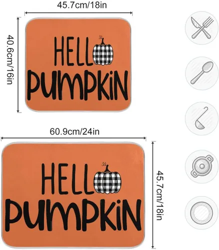 Miniatura 3 de Tapete de secado de platos naranja Hello Pumpkin para cocina, otoño, cosecha, tapete de secado de microfibra, absorbente y reversible, tapete grande
