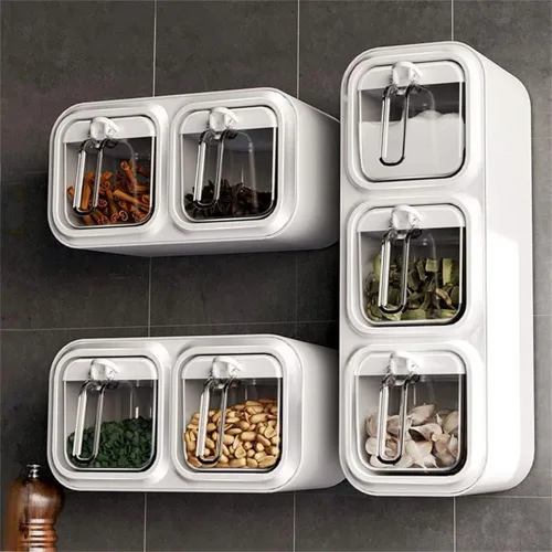 Miniatura 2 de Tarros de especias montados en la pared,Caja de condimentos autoadhesiva con cuchara,Botella dispensadora de condimentos múltiples (blanco 3 piezas)
