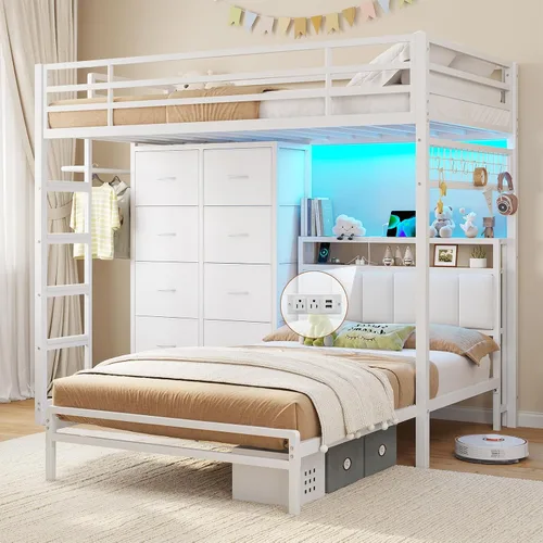Miniatura 13 de DICTAC Litera individual sobre tamaño matrimonial con 4 cajones de almacenamiento y estantería abierta de 3 niveles de metal con luces LED, estación