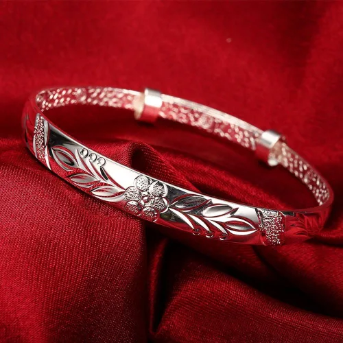 Miniatura 5 de Yuren Pulsera de plata de ley 925 tallada con flor de fu, 0.62 oz, peso 2.6 in, para regalo de boda