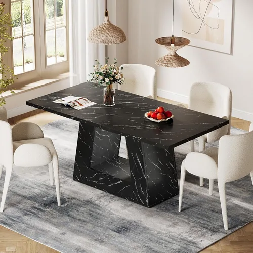 Miniatura 8 de Mesa de comedor Tribesigns para 4 a 6 personas, mesa rectangular de 63" para comedor, mesa moderna de madera con falso mármol para cenas con base