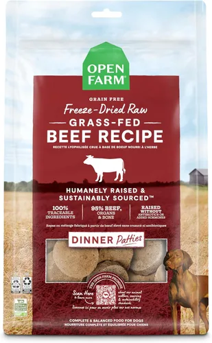 Open Farm, alimento para perros liofilizado y crudo, empanadas con 95% de carne, órganos y huesos, comida completa o mezclador de alimento para