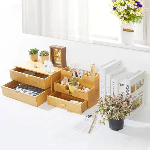 Miniatura 7 de Organizador de escritorio de bambú con cajones, cajones de mostrador, 2 cajones, caja de almacenamiento de esquina para escritorio, organizador