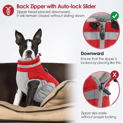 Miniatura 5 de AOFITEE Abrigo para perro, abrigo cálido de invierno para perros pequeños, chaqueta reflectante de cuello alto para perros con arnés integrado, Rojo