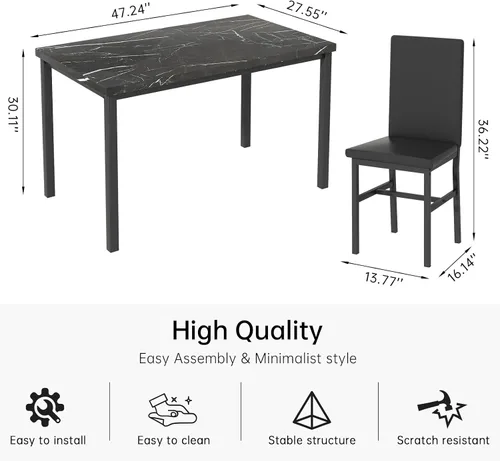 Miniatura 3 de Juego de mesa de comedor para 4, juego de comedor de mármol sintético de 5 piezas, 4 sillas tapizadas de poliuretano, muebles de mesa de cocina Negro