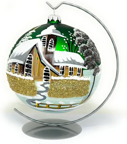Miniatura 39 de Adorno navideño de capilla azul con soporte, bola de vidrio soplado polaco pintada a mano, bola extra grande de 8 pulgadas/200mm, adorno de fe eterna