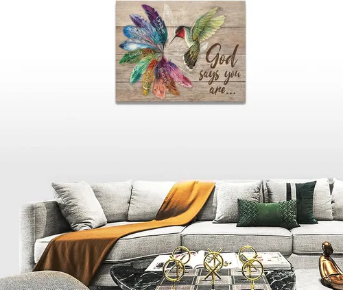 Miniatura 4 de Arte de pared de colibrí cristiano con texto en inglés "God says you ers", impresiones en lienzo, pintura rústica de pájaros de campo, obras de arte