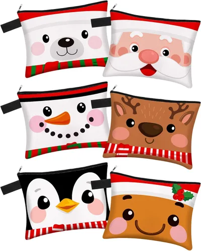 Miniatura 9 de Zonon Juego de 6 bolsas de maquillaje de lona de Navidad, pequeñas bolsas de cosméticos con cremallera portátil, bonita bolsa de estilo cuadros