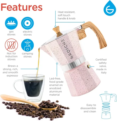 Miniatura 3 de Grosche Milano Moka Cafetera de espresso moca, cafetera greca para preparar café espresso percolado en estufa, rosa, 6 tazas