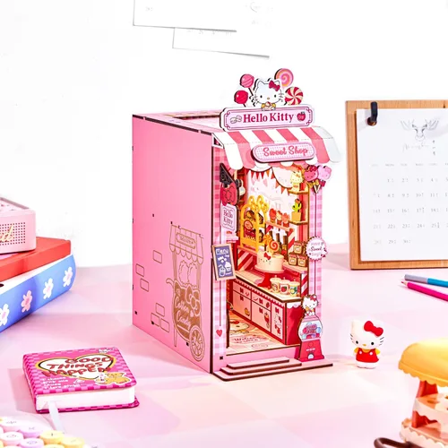 Miniatura 4 de Hands Craft Hello Kitty Sweet Shop - Kit de rincón de libro – Inserto de estante en miniatura oficial de Sanrio DIY con LED táctil, rompecabezas 3D