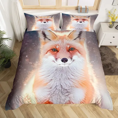 Homewish Juego de ropa de cama de zorro 3D, tamaño individual, juego de funda de edredón con temática de animales salvajes de la naturaleza, 2