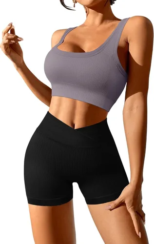 JZC Conjuntos de entrenamiento para mujer, 2 piezas, acanalados, sin costuras, pantalones cortos de cintura alta, trajes de yoga