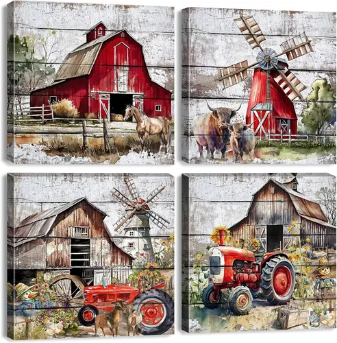 Arte de pared rústico de granja, pintura de paisaje rural, molino de viento de granero, camión, impresiones en lienzo de animales de granja, vaca,