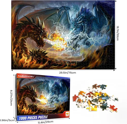 Miniatura 2 de Rompecabezas de 1000 piezas para adultos, rompecabezas de lucha de dragón de fuego y dragón eléctrico, juego para actividades en interiores, juego