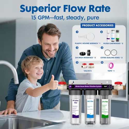 Miniatura 4 de Sistema de filtro de agua para toda la casa, sistema de filtración de agua para el hogar de 3 etapas que reduce altamente el olor a cloro, el sabor