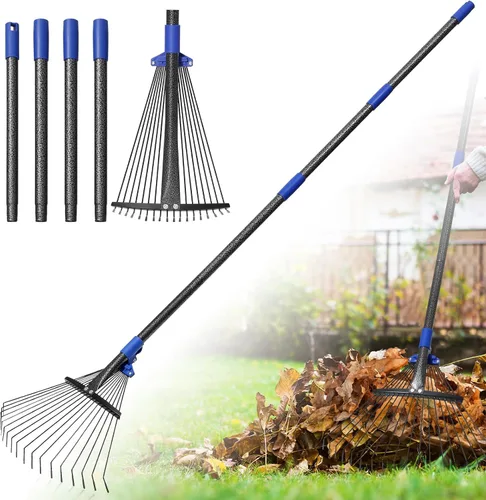 Miniatura 9 de Rastrillo para hojas: rastrillo de hojas de metal ajustable para césped, cabeza expandible de 8 a 17 pulgadas, mango largo de 45 pulgadas