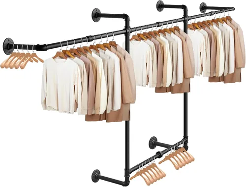 Miniatura 8 de Livabber Perchero Industrial de Tubería para Ropa, Perchero de Hierro Resistente Desmontable Montado en Pared, Barra de Ropa Rústica que Ahorra