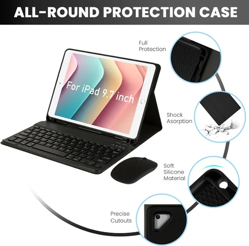 Miniatura 3 de SOPPY Funda con teclado Bluetooth con mouse para iPad de 6ª/5ª generación, iPad Pro de 9.7 pulgadas, Air 1/2, teclado inalámbrico desmontable