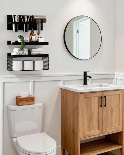 Miniatura 2 de Puricon Estantes flotantes de baño con soporte para secador de pelo, juego de organizadores de madera rústica de 3 niveles montados en la pared