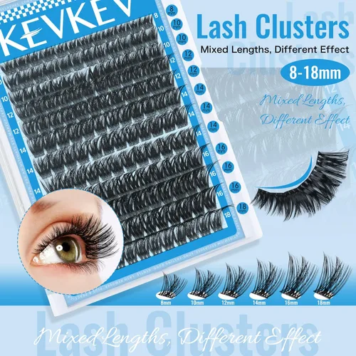 Miniatura 2 de KEVKEV Racimos de pestañas 144 unidades, racimos de pestañas naturales tenues, extensión de pestañas de banda fina y suave, mezcla de longitudes