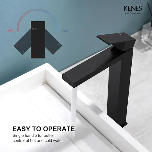 Miniatura 4 de KENES Grifo de Baño Negro Mate de Una Sola Manija Grifo Alto para Lavabo Tipo Vasija Grifo de Baño de Tocador Mezclador de Lavabo con Manguera