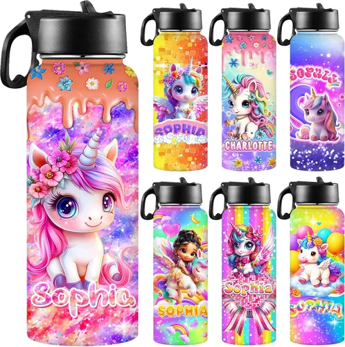 Miniatura 30 de Botellas de agua personalizadas para niñas, de acero inoxidable con aislamiento de doble pared con pajita, botella de agua de color degradado