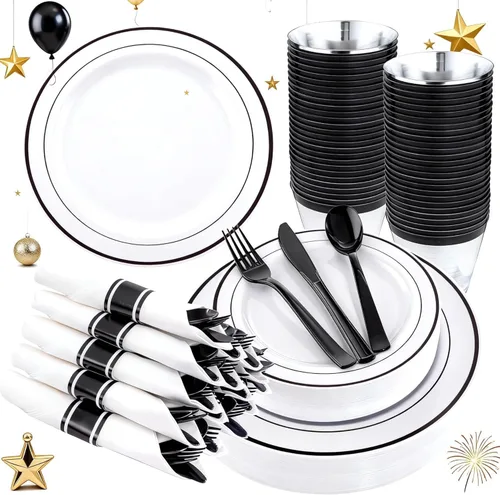 WELLIFE 210 vajilla de plástico negro con servilletas preenrolladas, incluye: 30 platos llanos, 30 platos de postre, 30 servilletas de papel, 30