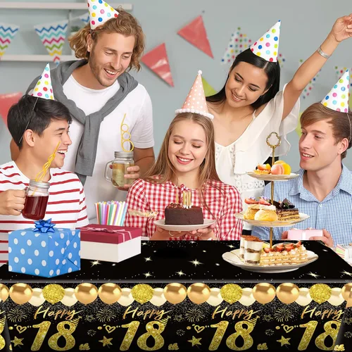 Miniatura 5 de Uiorgui 2 piezas mantel de cumpleaños número 18, mantel de cumpleaños número 18 negro dorado para niños y niñas, mantel de plástico rectangular