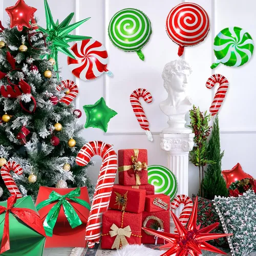 Miniatura 7 de 32 globos de papel de aluminio de Navidad, globos grandes de remolino de bastón de caramelo, globos de papel de aluminio de estrella y cajas