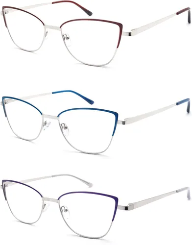 Miniatura 4 de Gafas de lectura para mujer, con bloqueo de luz azul, delgadas, lentes de lectura elegantes, marcos de metal, bisagras de resorte, paquete de 3