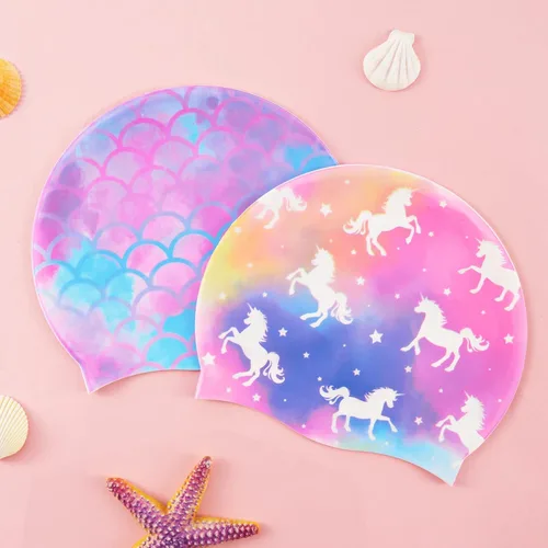 Miniatura 5 de Paquete de 2 gorros de natación impermeables de silicona para niños y niñas (3-8 años), diseño de sirena de unicornio, gorro de natación para niños