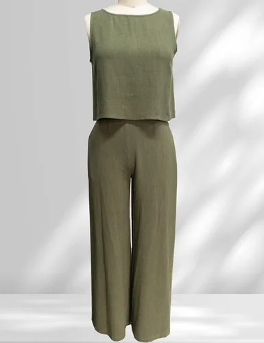 Miniatura 4 de InterNos Conjunto de 2 piezas de verano para mujer, sin mangas, con botones en la espalda, pantalones cortos de pierna ancha, conjunto de lino