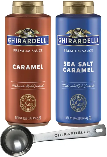 Miniatura 10 de Ghirardelli Salsa de caramelo, botella exprimible de 16 onzas (paquete de 2) con cuchara de barista estampada Ghirardelli
