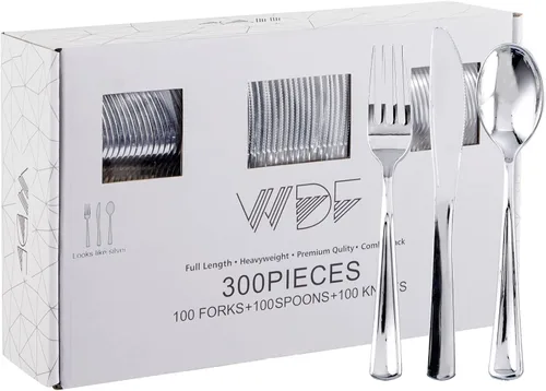 WDF 300 cubiertos de plástico plateado, cubiertos de plástico resistentes, 100 tenedores, 100 cuchillos, 100 cucharas, cubiertos desechables Plata -
