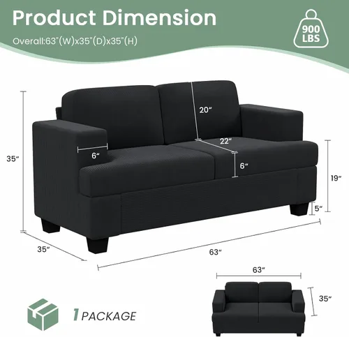 Miniatura 2 de Fiona's magic Juego de sofá de 4 plazas, 2 piezas, cómodo sofá biplaza con asientos profundos para sala de estar, sofá cama moderno, pana negra