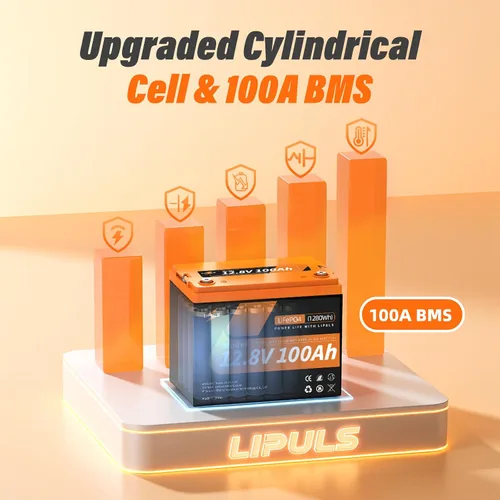 Miniatura 3 de Batería de litio LiFePO4 de 12.8 V 100 Ah, batería de litio del grupo 24, 15000 ciclos, celdas cilíndricas integradas de grado A+ y BMS de 100 A