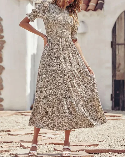 Miniatura 135 de BTFBM Vestidos para mujer, cuello redondo, casual, de verano, con volantes, manga corta, bohemio, con niveles, fruncido, largo, con estampado floral