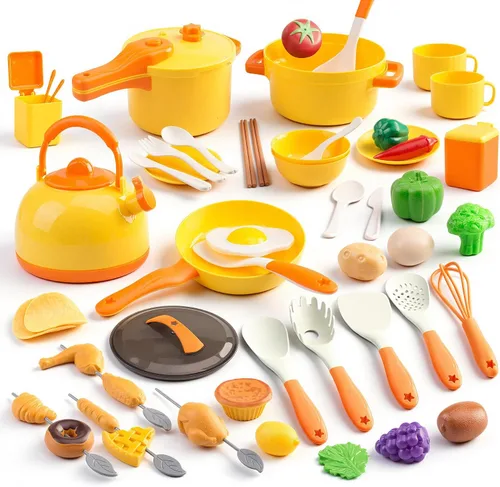 Miniatura 13 de 60 piezas de accesorios de cocina de juego para niños, juego de cocina de simulación con ollas y sartenes, vajilla y conjuntos de frutas y barbacoa