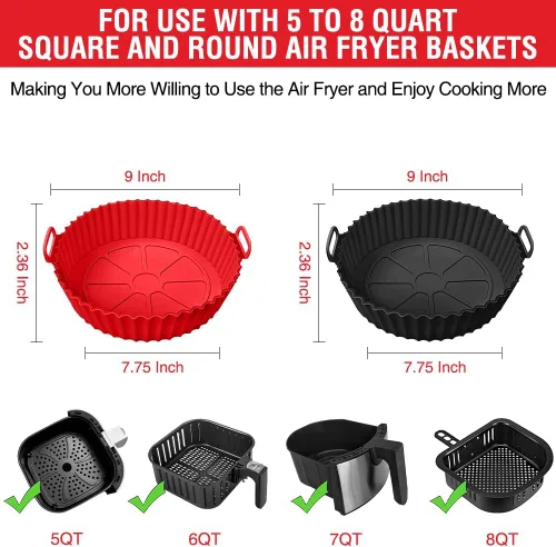 Miniatura 2 de Xabzhzn Paquete de 2 forros de silicona para freidora de aire, antiadherentes, reutilizables, para cestas cuadradas y redondas de 5 a 6, 7, 8 Negro
