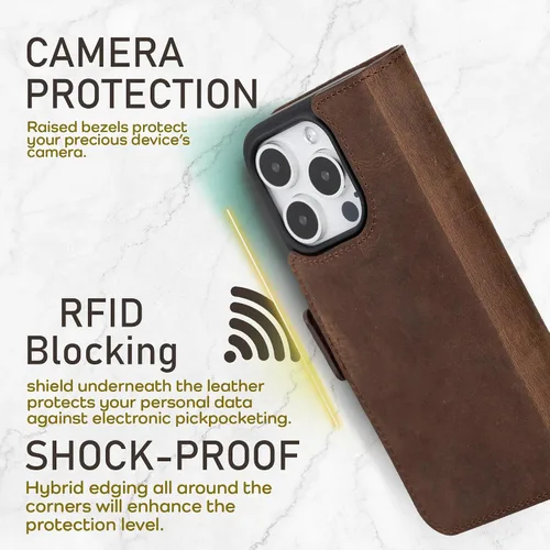 Miniatura 5 de Bayelon Cartera de cuero Cas para iPhone 15 Pro - Funda con tapa abatible, funda tipo cartera para iPhone 15 Pro, funda tipo cartera, función atril