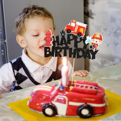 Miniatura 4 de Gyufise Decoración para pastel de cumpleaños con purpurina para bomberos, camión de bomberos, bomberos, pasteles, tema de baby shower, niños, fiesta