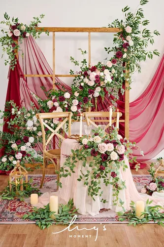 Miniatura 4 de Ling's moment - Guirnalda de eucalipto y hojas de sauce con flor blanca de 3 m, hecha a mano, centro de mesa para decoración de mesa de boda y mesa