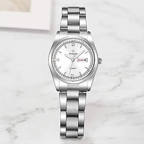 Miniatura 7 de MASTOP Reloj clásico de moda para mujer, resistente al agua, acero inoxidable, redondo, fecha, analógico, cuarzo, vestido, Blanco, Movimiento
