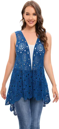 Miniatura 3 de Chaleco de encaje de ganchillo para mujer, estilo bohemio, sin mangas, kimono con dobladillo irregular