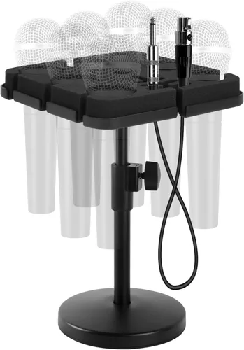 Miniatura 7 de Soporte para micrófonos múltiples, soporte de micrófono con cable e inalámbrico para soporte, soporta hasta 7 micrófonos, aluminio, negro con soporte