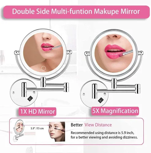Miniatura 3 de Wall Mounted Makeup Mirror LED Touch Button Stepless Adjustable Light Double Sided 1X/5x Magnifying Vanity Mirror 360° Swivel Extendable for