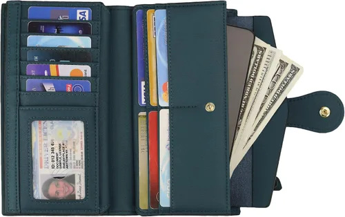 Miniatura 2 de Travelambo Cartera de mano de cuero genuino encerado de gran capacidad para mujer con bloqueo RFID