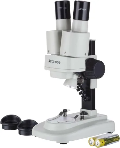 AMSCOPE -Microscopio estéreo binocular portátil para niños, oculares WF5X y WF10x, aumento de 10X y 20X, objetivo 2X, fuente de luz de tungsteno,