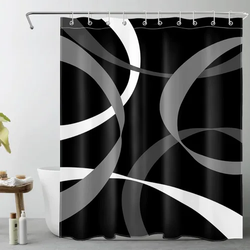 Miniatura 12 de LB Cortina de ducha abstracta rosa para baño, cortina de ducha de tela a rayas grises y blancas sobre fondo negro con ganchos, juego de cortinas